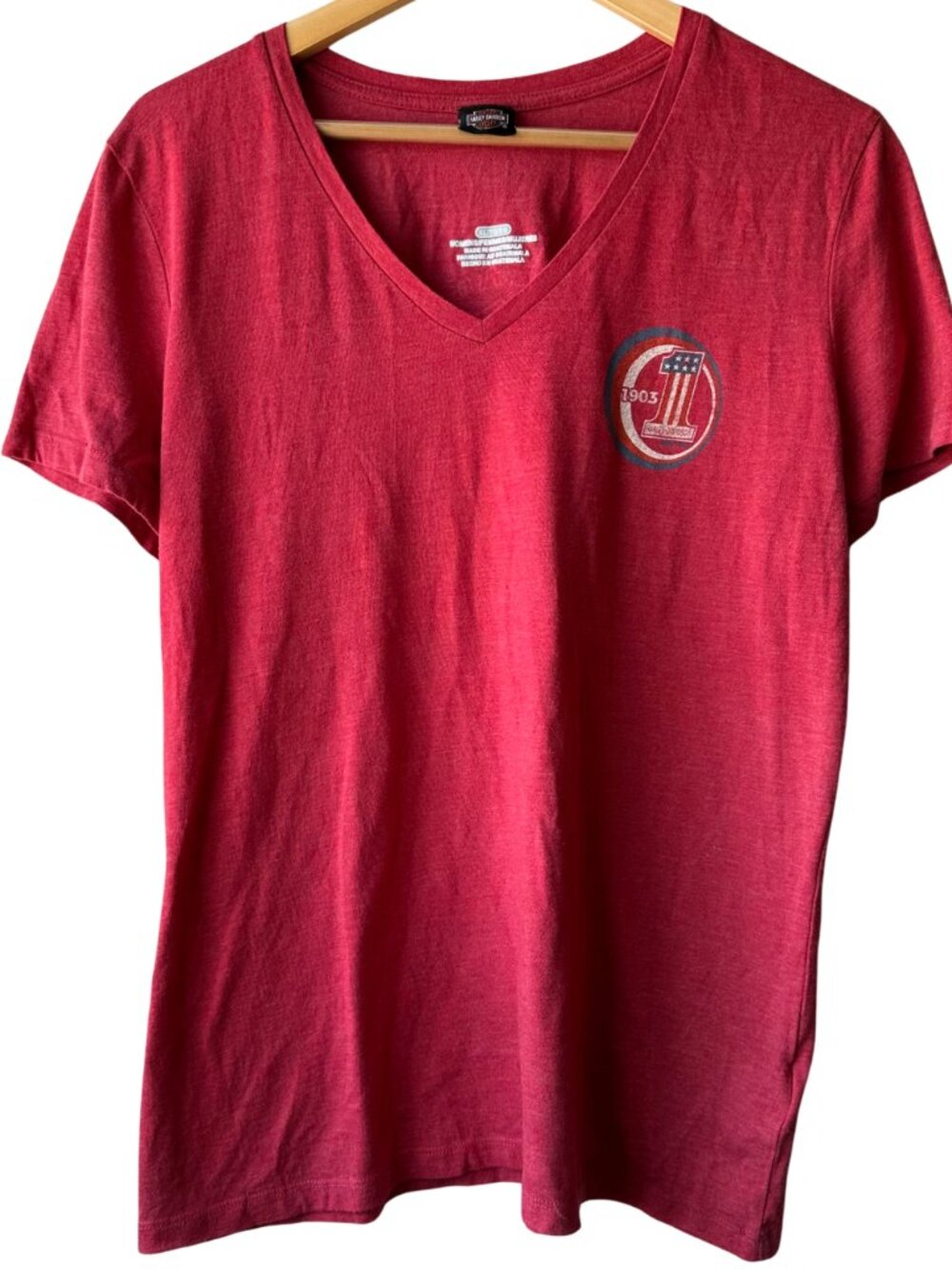 Harley Davidson Women's XL Red V Neck T Shirt Buckeye Dayton Ohio 1903 Graphic